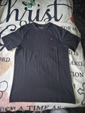 Farah black t-shirt with red logo, size small, casual graphic design.
