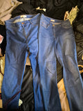 Mixed blue straight jeans with multi-coloured stitching, in excellent condition, no stains.