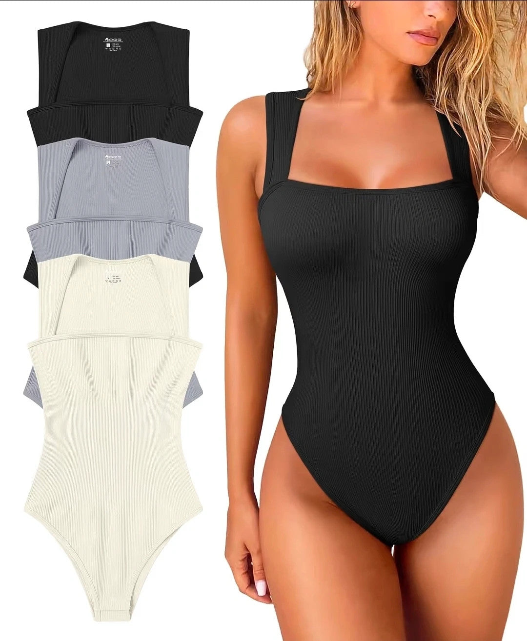 One black and grey ribbed bodysuit set with strappy square neck and tummy control.