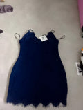 Missguided navy midi dress with lace bust, plunge neckline, and pockets.