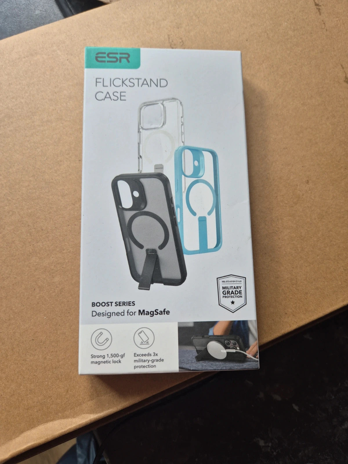 ESR black iPhone MagSafe kickstand case with sleek design and durable material.