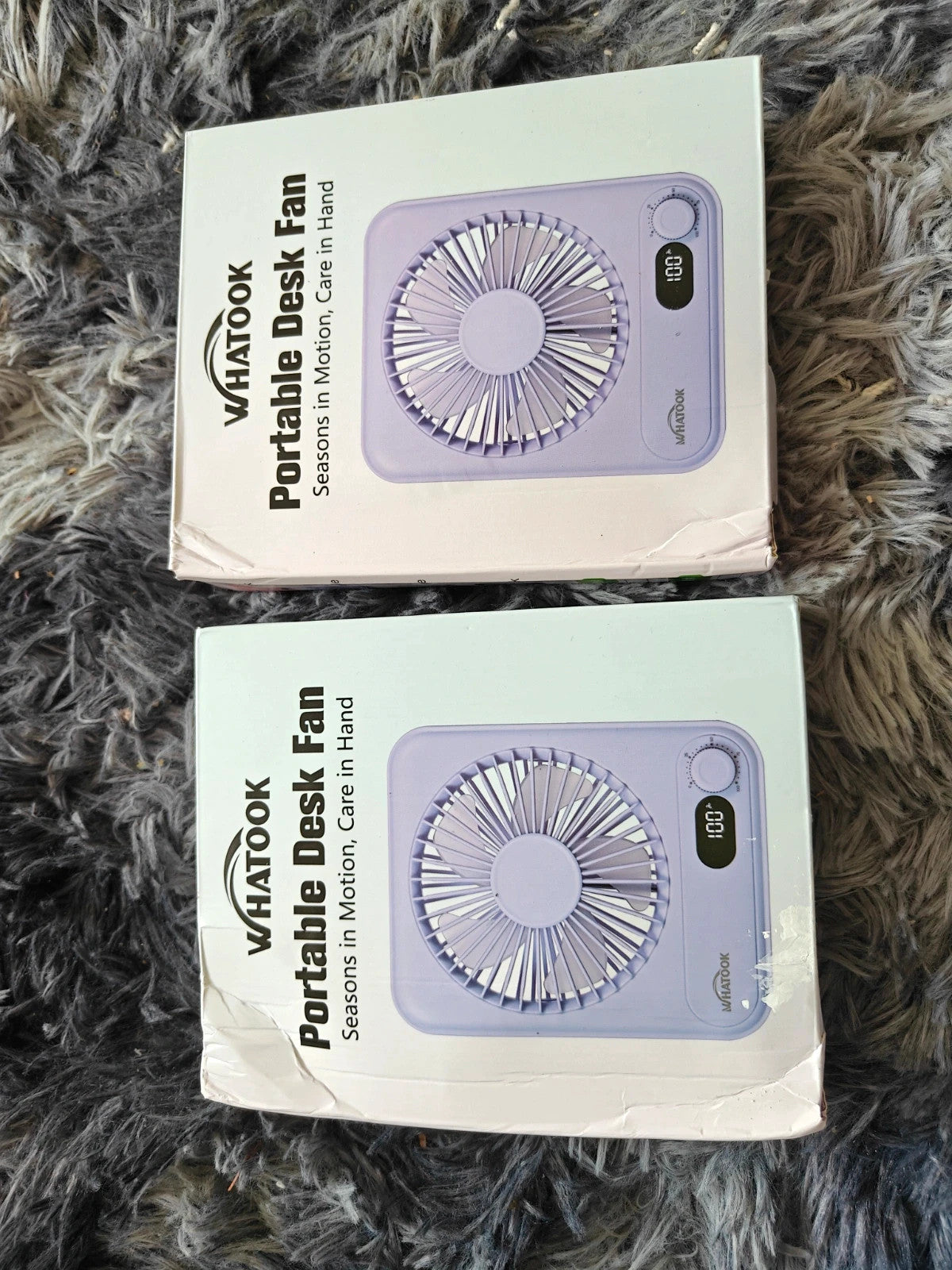 Whatook black and purple clip fans with sleek design and portable features.