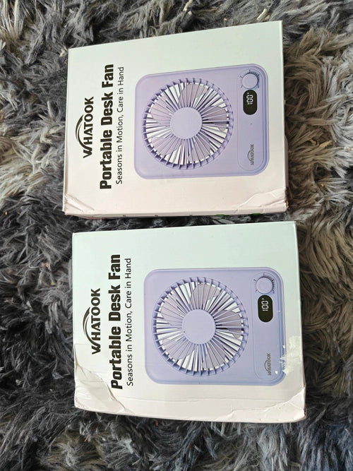 Whatook black and purple clip fans with sleek design and portable features.
