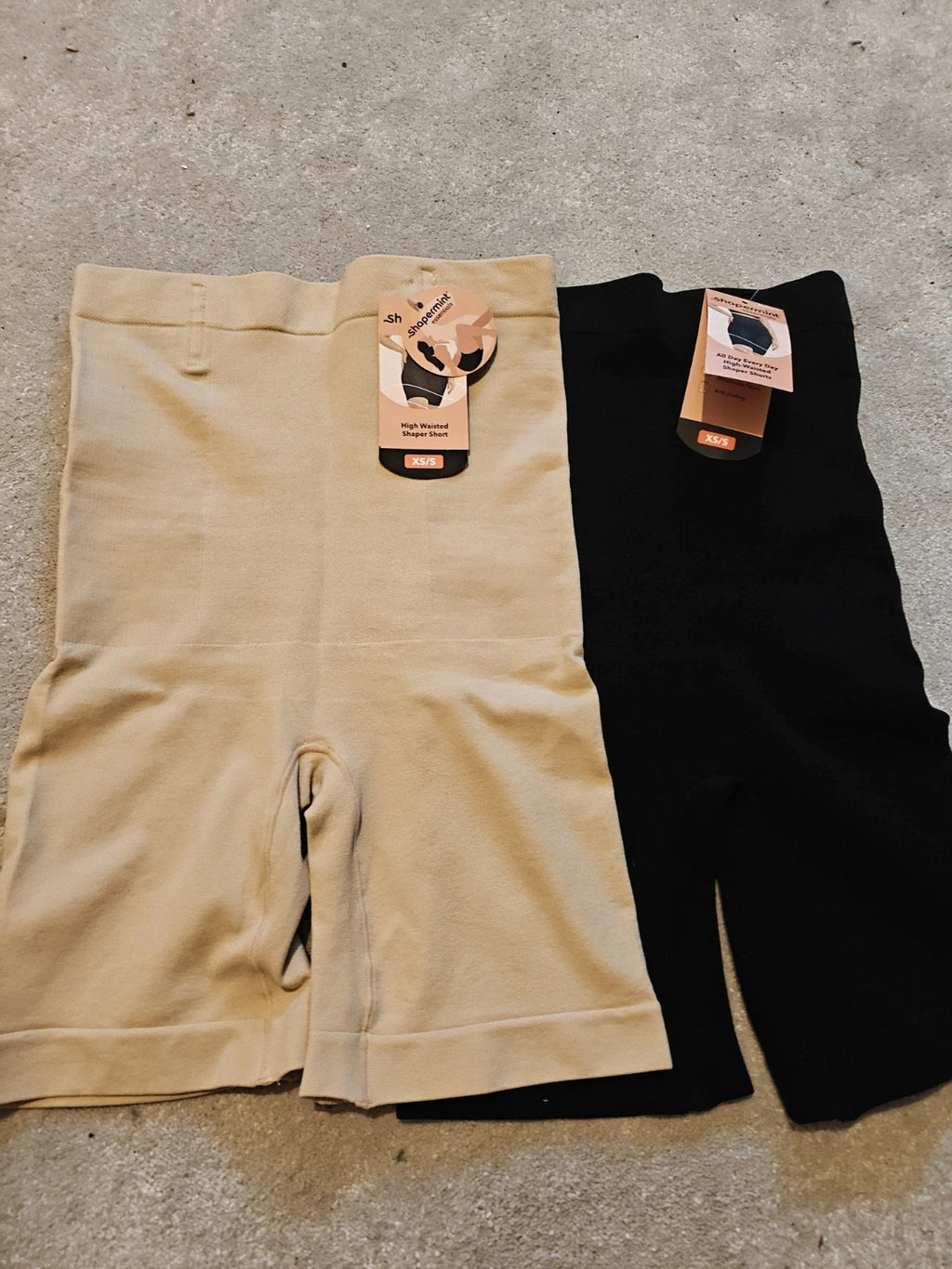 Shapermint beige and black shapewear shorts with tags, size XS/S, smooth fabric.