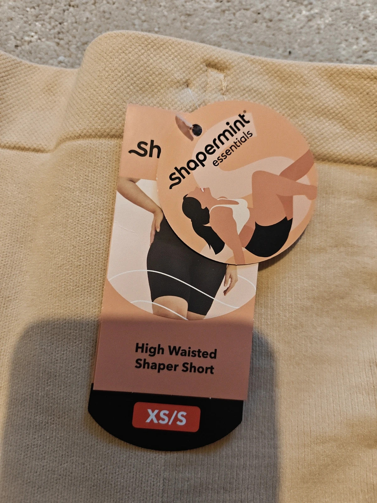 Shapermint beige and black shapewear shorts with tags, size XS/S, smooth fabric.